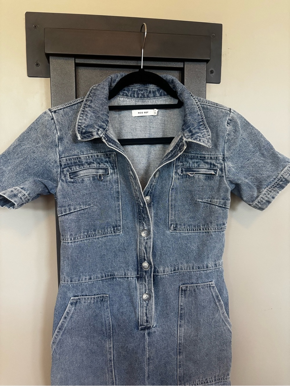 MOD REF Denim Utility Jumpsuit Small Blue Short Sleeve Button Front Pockets - Picture 2 of 5